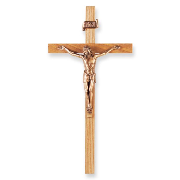 11" Oak Wood Wall Crucifix with Genuine Bronze Pewter Corpus