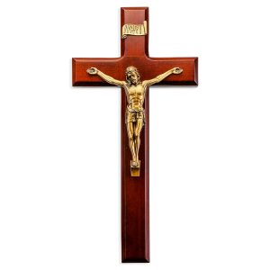 11" Dark Cherry Wood Wall Crucifix with Genuine Bronze Pewter Corpus