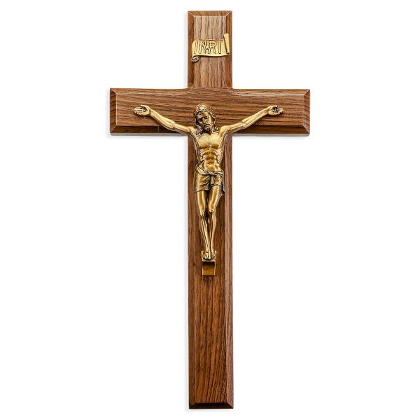 11" Walnut Wood Wall Crucifix with Genuine Bronze Pewter Corpus