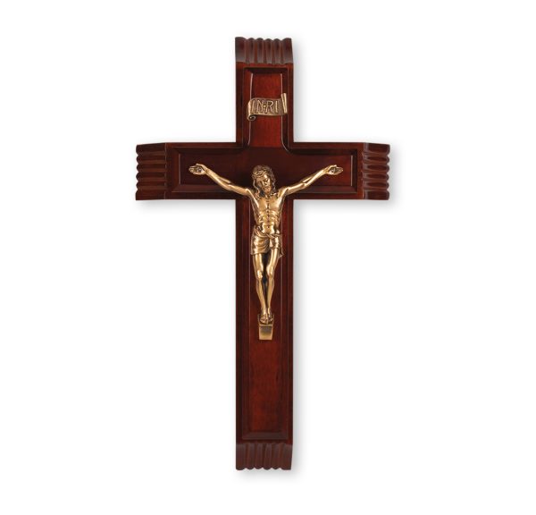 12" Dark Cherry Wood Sick Call Crucifix with Genuine Bronze Pewter Corpus