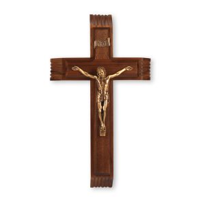 12" Walnut Wood Sick Call Crucifix with Genuine Bronze Pewter Corpus