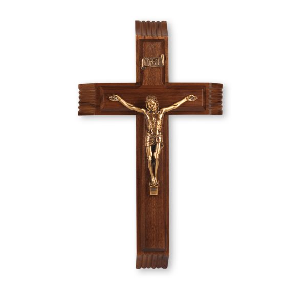12" Walnut Wood Sick Call Crucifix with Genuine Bronze Pewter Corpus