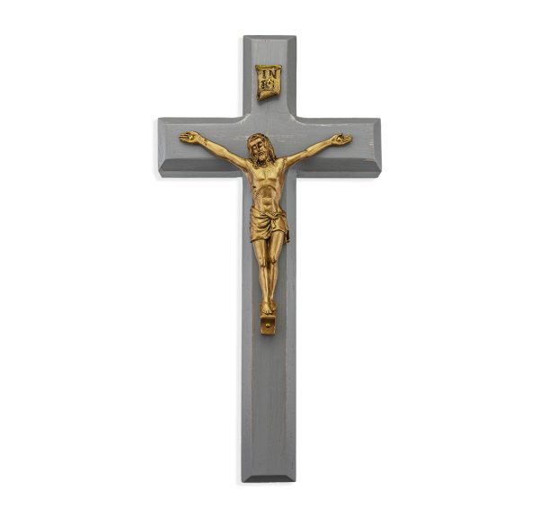 10" Camtry Gray Wood Wall Crucifix with Genuine Bronze Pewter Corpus