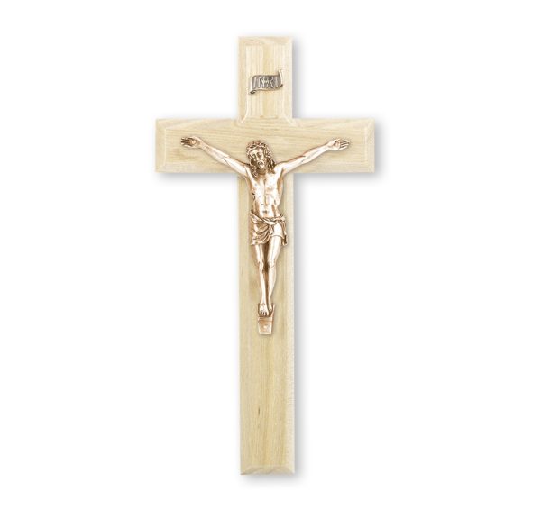 10" Oak Wood Wall Crucifix with Genuine Bronze Pewter Corpus