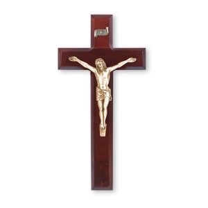 10" Dark Cherry Wood Wall Crucifix with Genuine Bronze Pewter Corpus