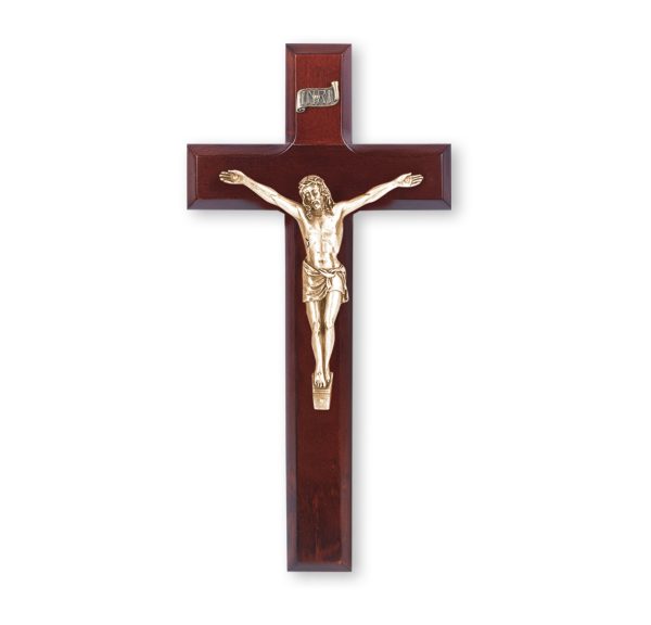 10" Dark Cherry Wood Wall Crucifix with Genuine Bronze Pewter Corpus