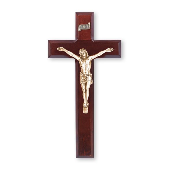 10" Dark Cherry Wood Wall Crucifix with Genuine Bronze Pewter Corpus