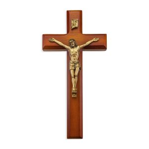 10" Twotone Wood Wall Crucifix with Genuine Bronze Pewter Corpus