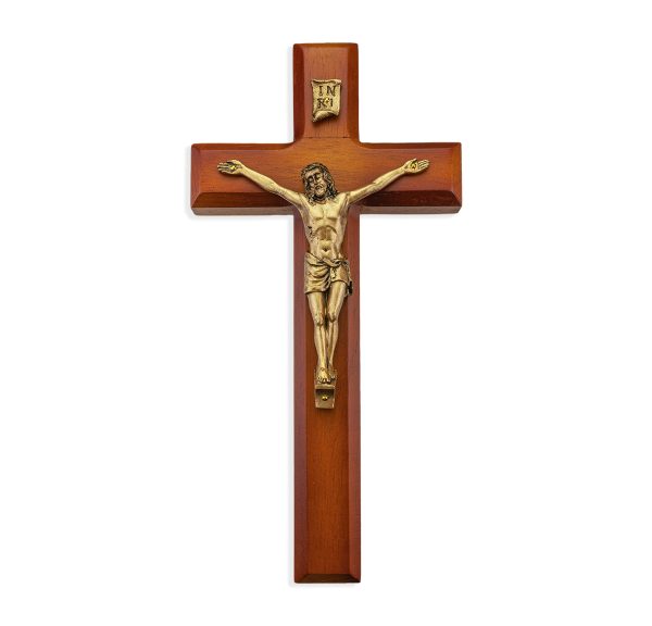 10" Twotone Wood Wall Crucifix with Genuine Bronze Pewter Corpus