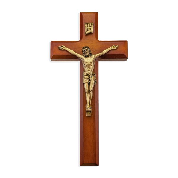 10" Twotone Wood Wall Crucifix with Genuine Bronze Pewter Corpus
