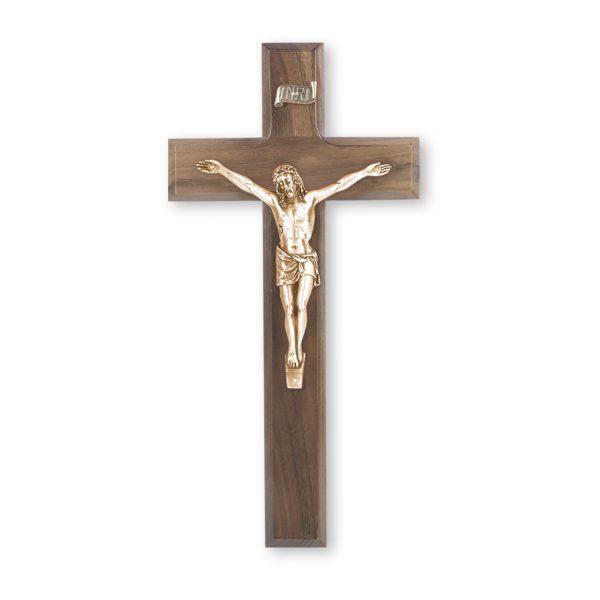 10" Walnut Wood Wall Crucifix with Genuine Bronze Pewter Corpus