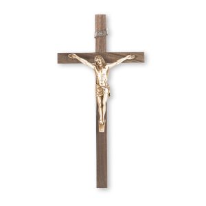 10" Walnut Wood Wall Crucifix with Genuine Bronze Pewter Corpus