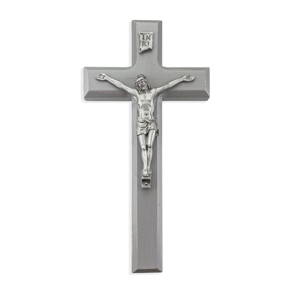 10" Camtry Gray Wood Wall Crucifix with Genuine Silver Pewter Corpus