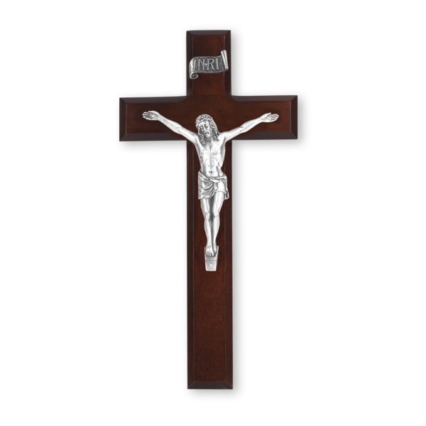 10" Dark Cherry Wall Crucifix with Genuine Silver Pewter Corpus