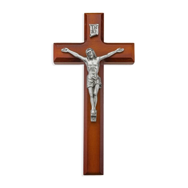 10" Twotone Wood Wall Crucifix with Genuine Silver Pewter Corpus
