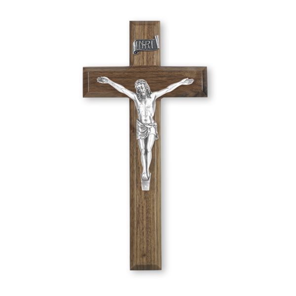 10" Walnut Wood Wall Crucifix with Genuine Silver Pewter Corpus