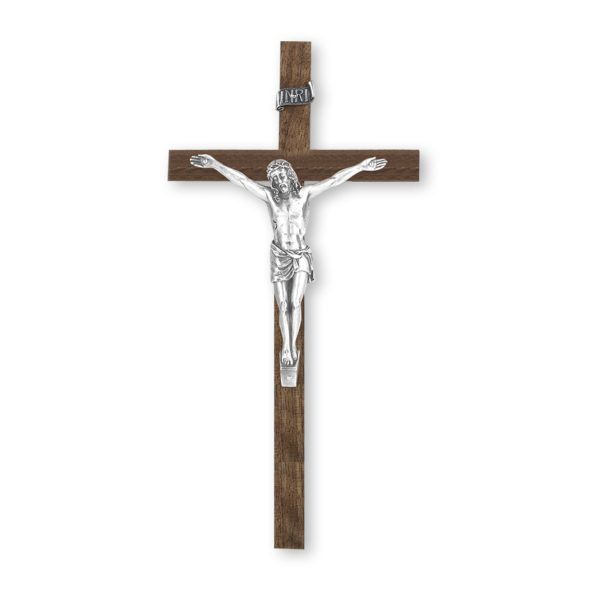 10" Walnut Wood Wall Crucifix with Genuine Silver Pewter Corpus