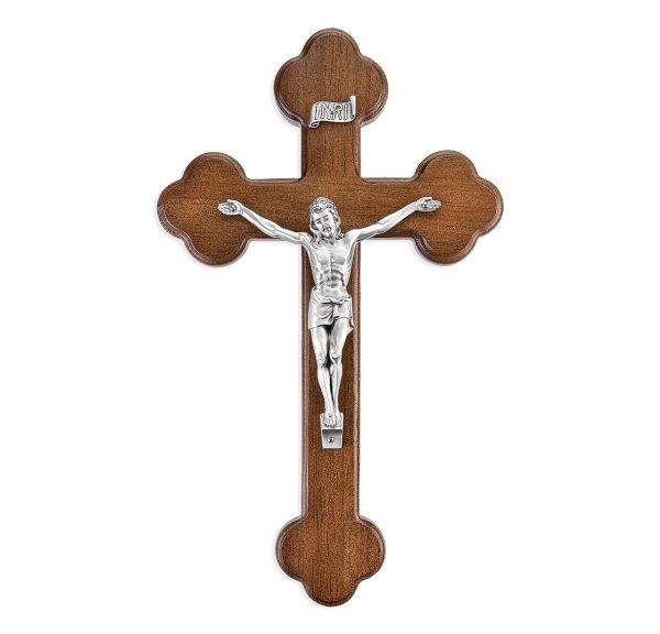 10" Walnut Wood "Latin Style" Crucifix with Genuine Silver Pewter Corpus