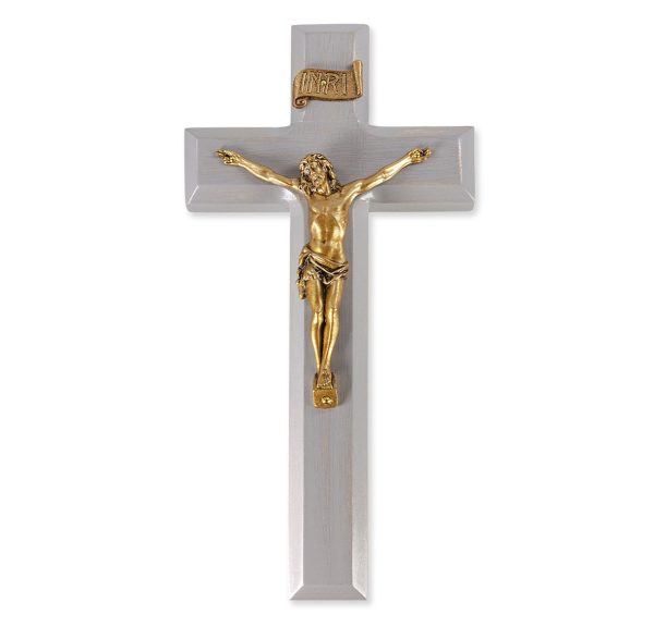 9" Camtry Gray Wood Wall Crucifix with Genuine Bronze Pewter Corpus