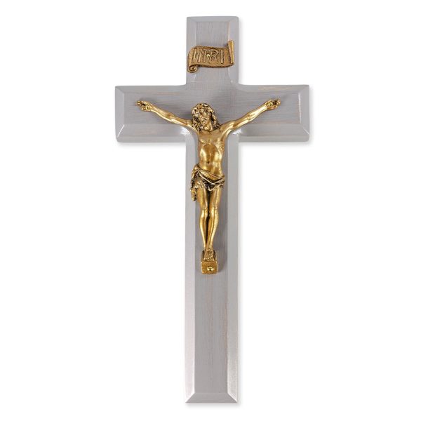9" Camtry Gray Wood Wall Crucifix with Genuine Bronze Pewter Corpus