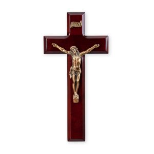 9" Dark Cherry Wood Wall Crucifix with Genuine Bronze Pewter Corpus