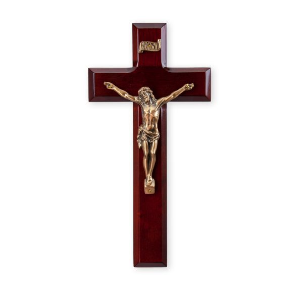 9" Dark Cherry Wood Wall Crucifix with Genuine Bronze Pewter Corpus