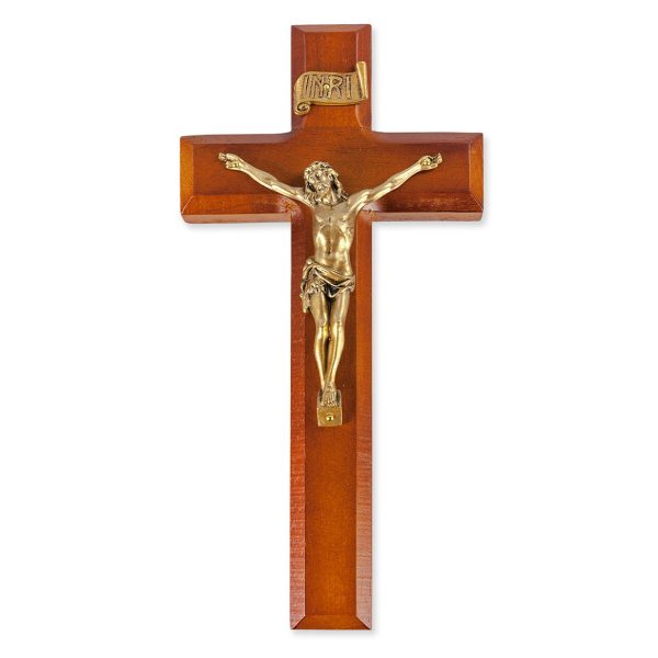 9" Twotone Wood Wall Crucifix with Genuine Bronze Pewter Corpus