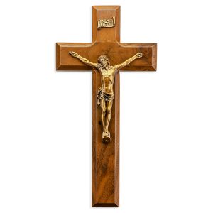 9" Genuine Walnut Wall Crucifix with Genuine Bronze Pewter Corpus