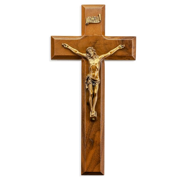 9" Genuine Walnut Wall Crucifix with Genuine Bronze Pewter Corpus