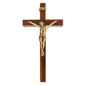 9" Genuine Walnut Wood Wall Crucifix with Genuine Bronze Pewter Corpus