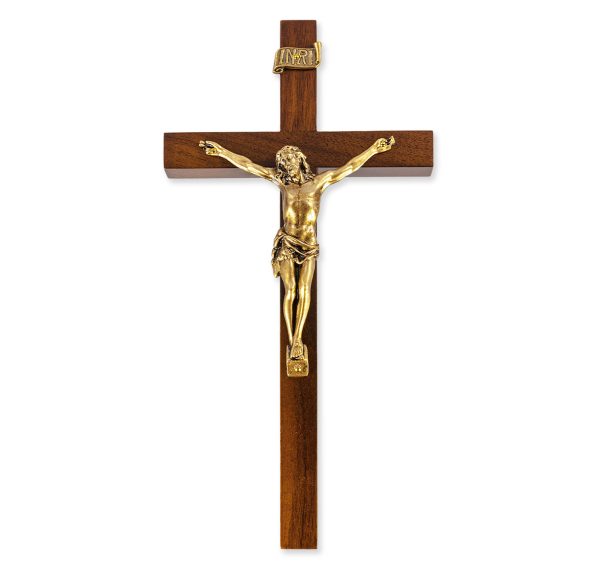 9" Genuine Walnut Wood Wall Crucifix with Genuine Bronze Pewter Corpus