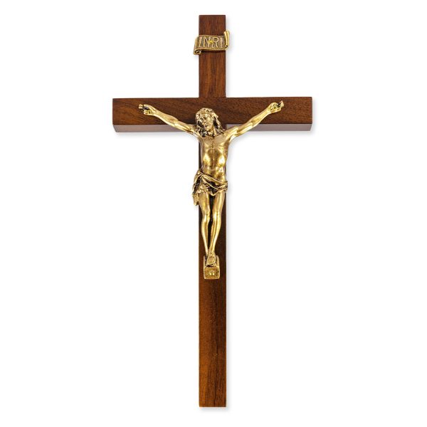 9" Genuine Walnut Wood Wall Crucifix with Genuine Bronze Pewter Corpus