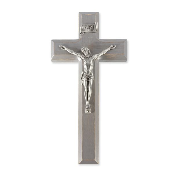 9" Camtry Gray Wood Wall Crucifix with Genuine Silver Pewter Corpus