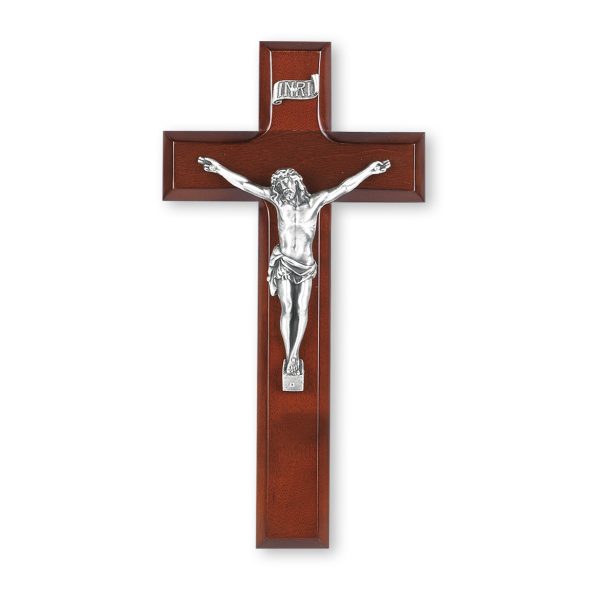 9" Dark Cherry Wood Wall Crucifix with Genuine Silver Pewter Corpus