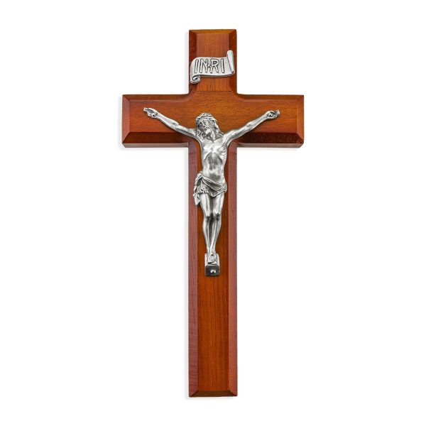 9" Twotone Wood Wall Crucifix with Genuine Silver Pewter Corpus
