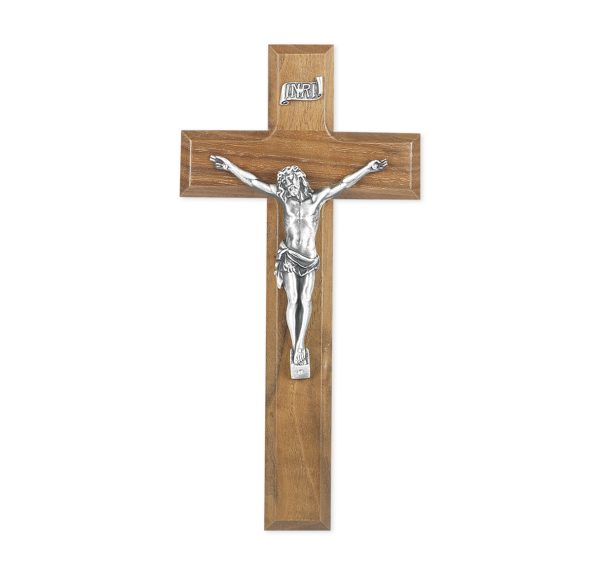 9" Genuine Walnut Wood Wall Crucifix with Genuine Silver Pewter Corpus
