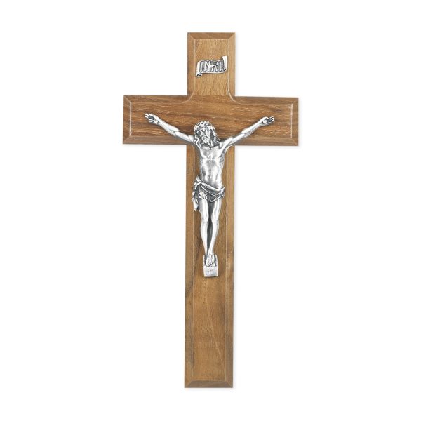 9" Genuine Walnut Wood Wall Crucifix with Genuine Silver Pewter Corpus