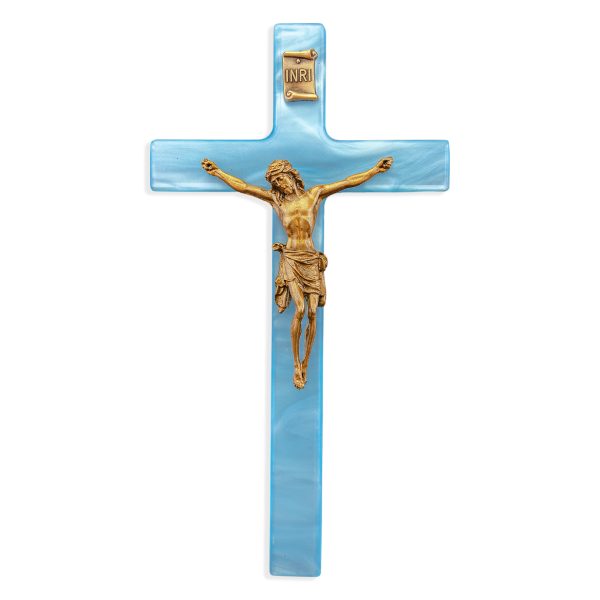 7" Blue Pearlized Crucifix with Genuine Bronze Pewter Corpus