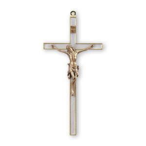 7" Gold-Plated Pearlized Wall Crucifix with Genuine Bronze Pewter Corpus