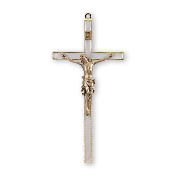 7" Gold-Plated Pearlized Wall Crucifix with Genuine Bronze Pewter Corpus