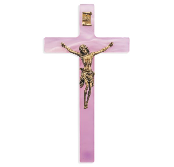 7" Pink Pearlized Crucifix with Genuine Bronze Pewter Corpus