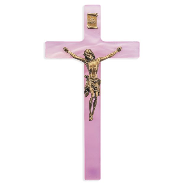 7" Pink Pearlized Crucifix with Genuine Bronze Pewter Corpus