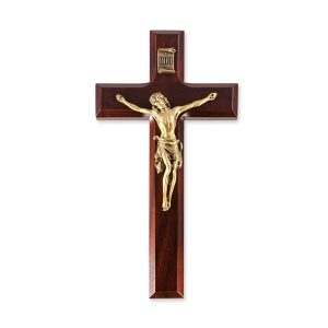 7" Dark Cherry Wood Wall Crucifix with Genuine Bronze Pewter Corpus