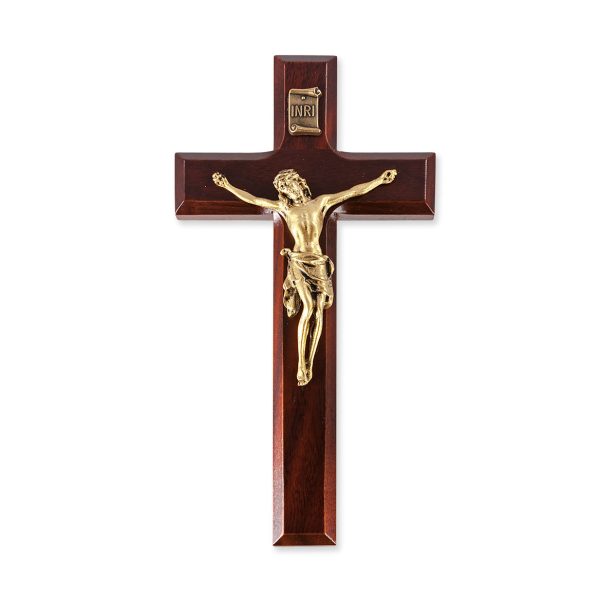 7" Dark Cherry Wood Wall Crucifix with Genuine Bronze Pewter Corpus