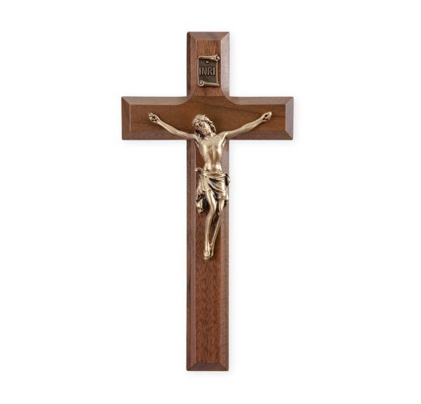 7" Genuine Walnut Wall Crucifix with Genuine Bronze Pewter Corpus