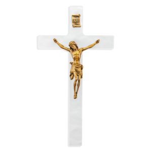 7" White Pearlized Crucifix with Genuine Bronze Pewter Corpus