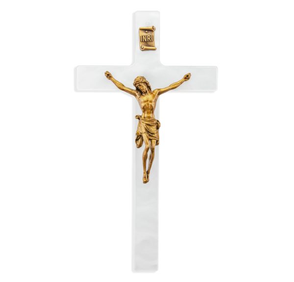 7" White Pearlized Crucifix with Genuine Bronze Pewter Corpus