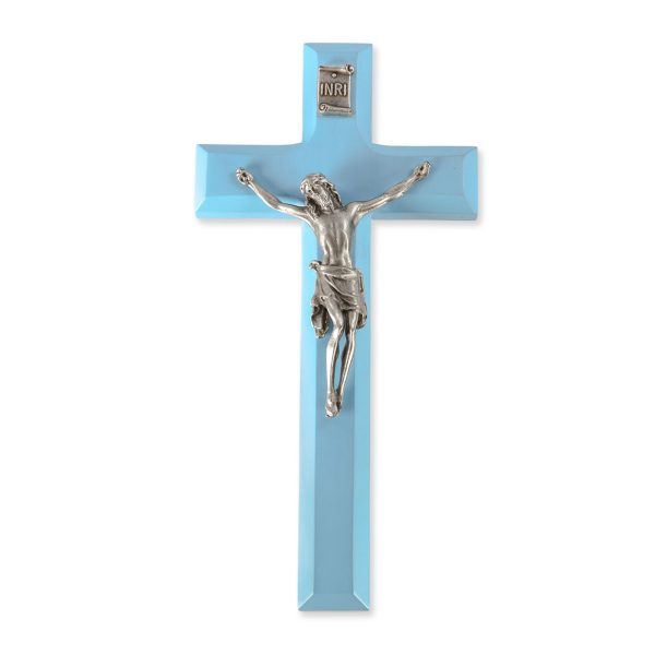 7" Blue Wood Crucifix with Genuine Silver Pewter Corpus