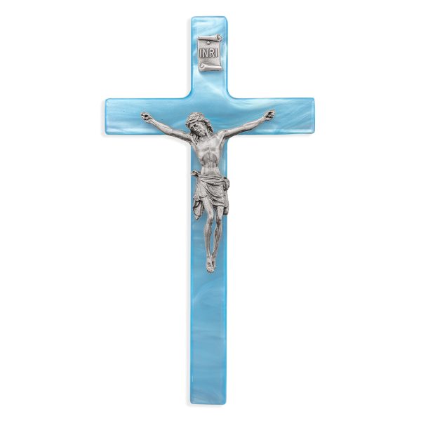 7" Blue Pearlized Crucifix with Genuine Silver Pewter Corpus