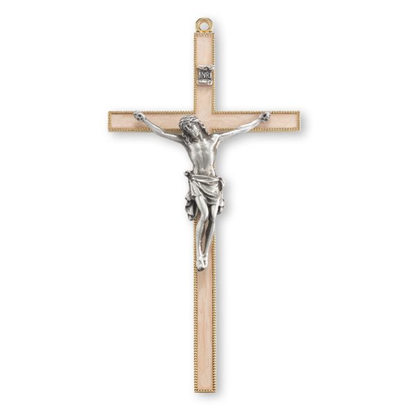 7" Gold-Plated Pearlized Wall Crucifix with Genuine Silver Pewter Corpus